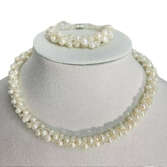 White Freshwater Pearls With Crystals Woven Thread Necklace Set Magnetic Clasp - Picture 8 of 8
